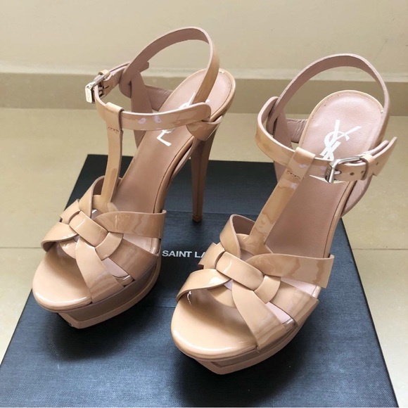 🥰 YSL Saint Laurent Tribute nude patent platform heels 37.5 - Picture 2 of 3